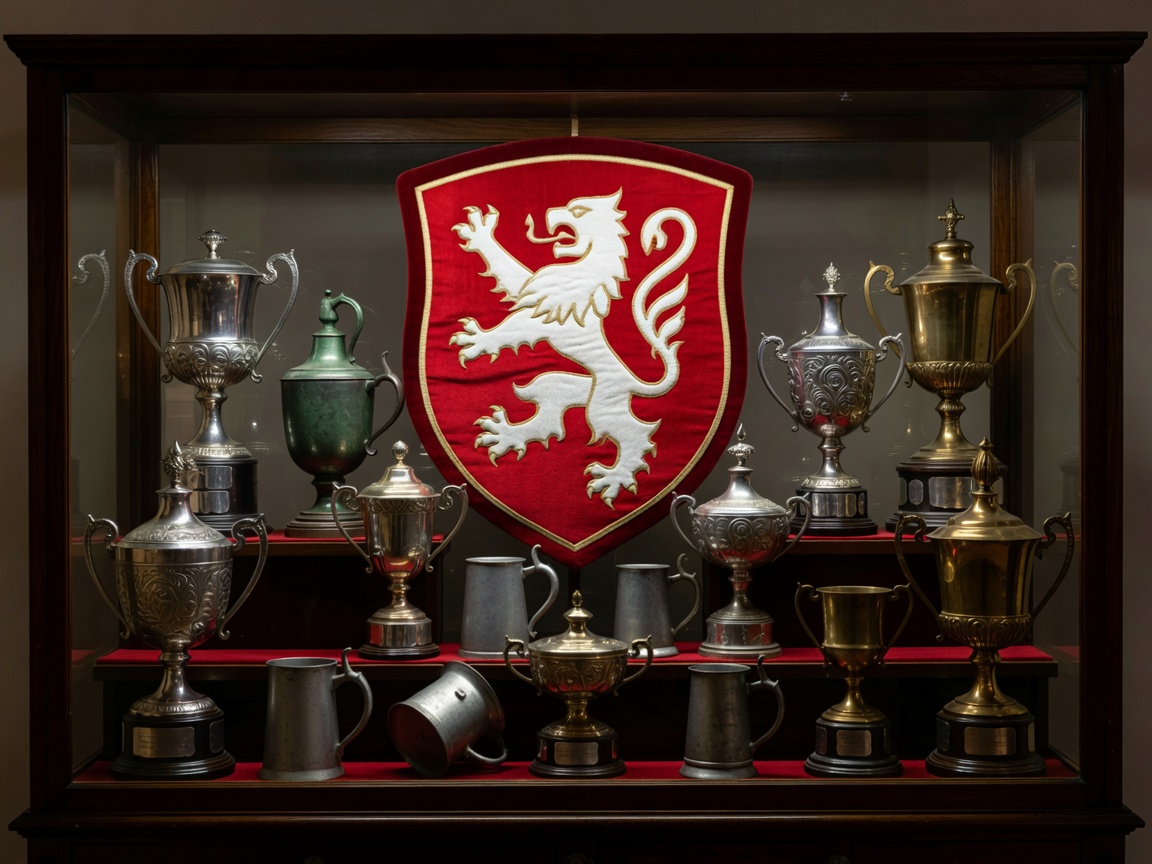 Crimson and white red team crest and vintage European trophies display