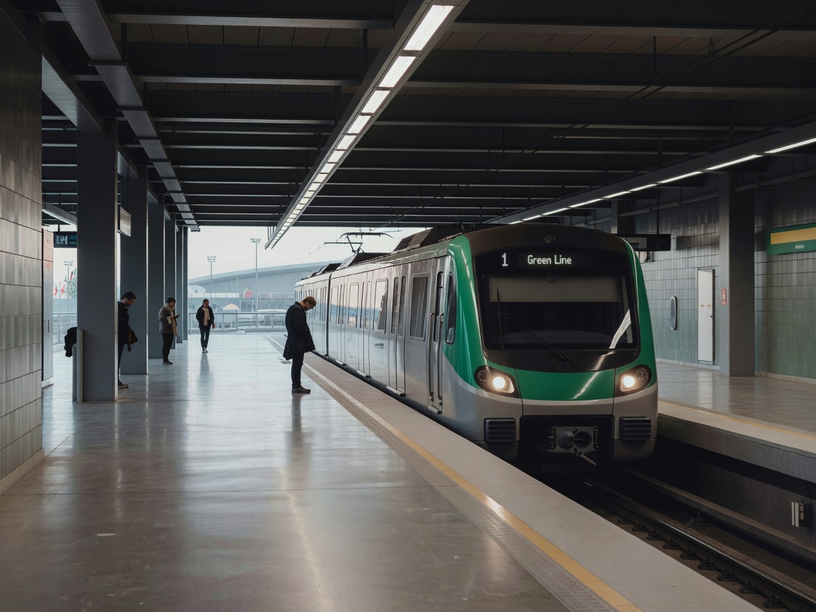 Green Line 1 metro train platform arriving at Faliro station near the arena